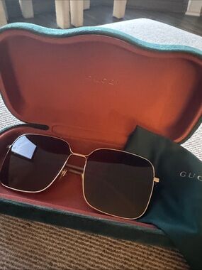 Gucci Gold Metal Square Sunglasses with Dark Brown Lenses